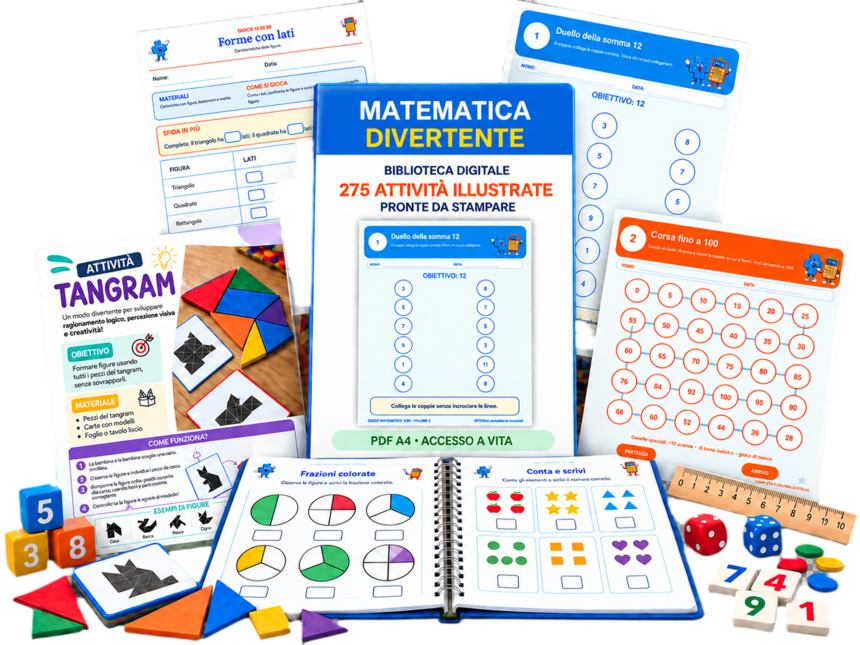 Composizione reale della biblioteca Matematica Divertente con copertina, schede stampabili, tangram e materiali matematici